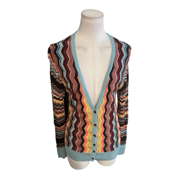 MISSONI V Neck Multicolor Zigzag Knit Cardigan Bohemian Sweater L Brown Teal - Picture 5 of 9